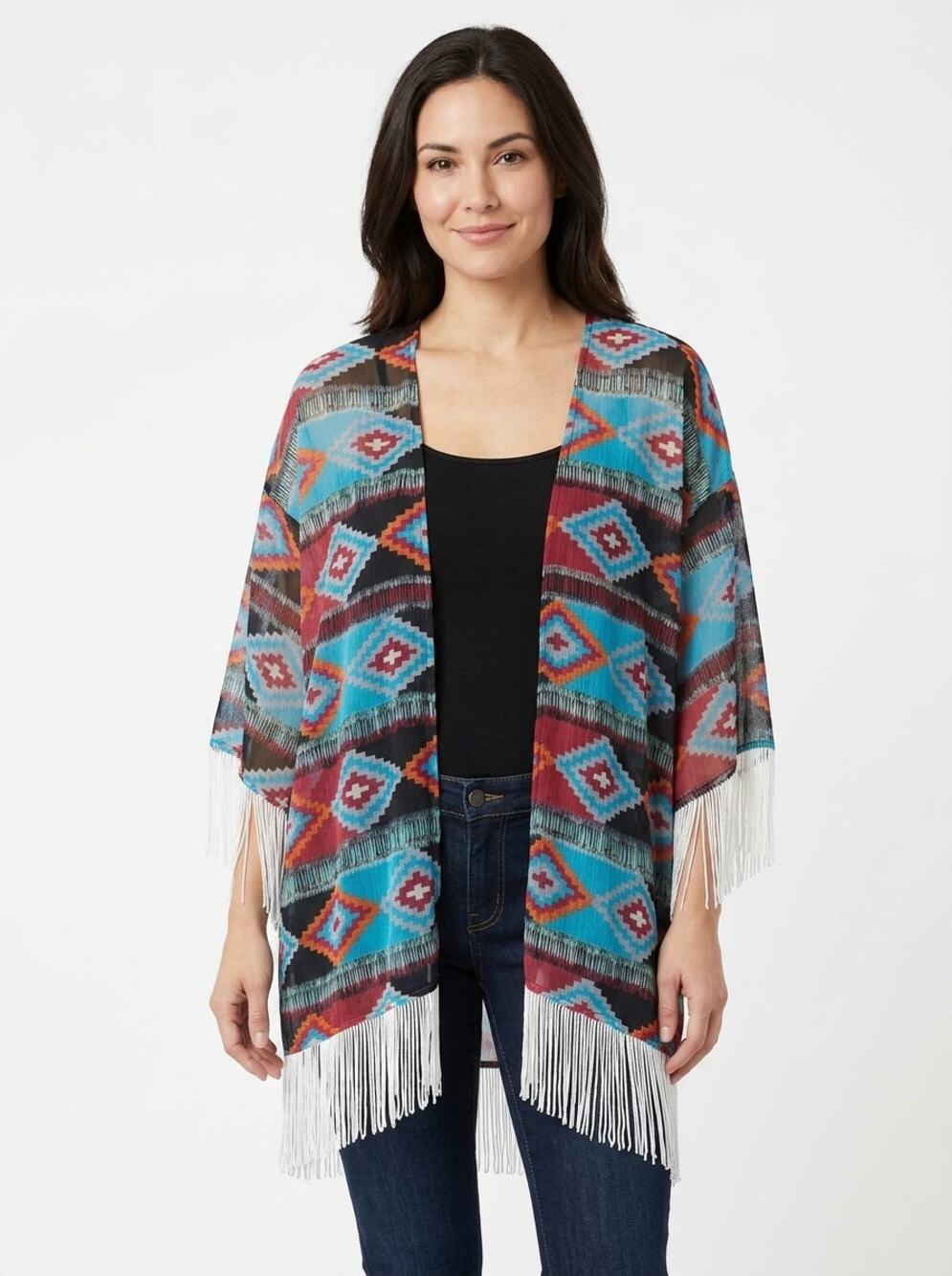 Rock & Roll Cowgirl Geometric Chiffon 3/4 Sleeve Fringe Kimono Women Size S